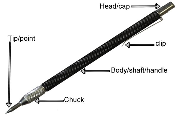 Parts of an engineers scriber, Tip/Point, Chuck, Body/Shaft/Handle, Clip, Head/Cap