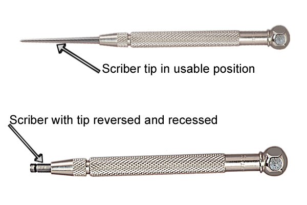 Pocket scriber with tip in both recessed and usable position, scriber tip in usable position, scriber tip reversed and recessed