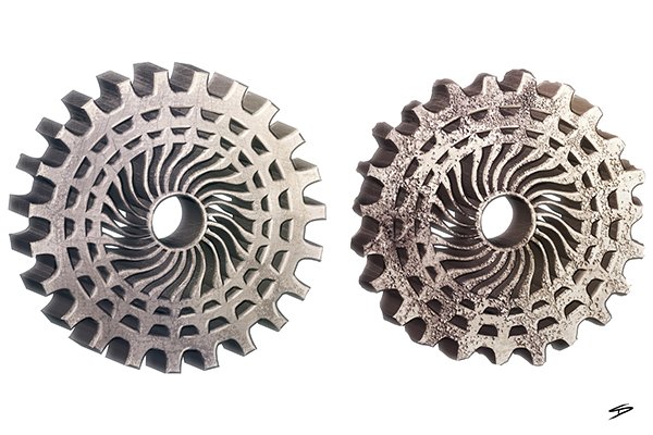 Two gears showing the abrasive effects of wear