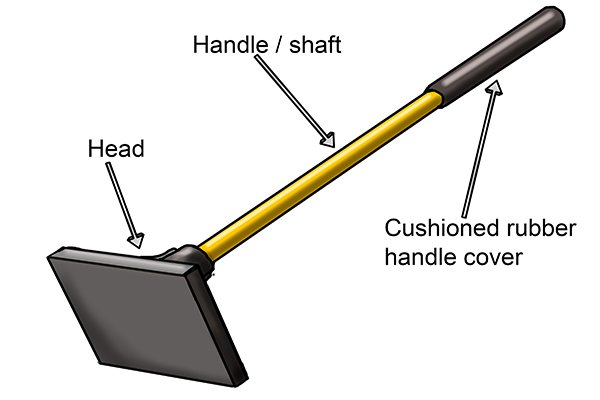 Parts of an earth rammer; Cushioned rubber handle, handle/ shaft, head