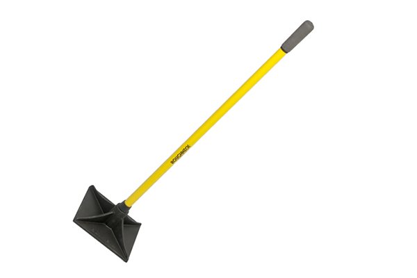 square headed earth rammer with metal head and fibreglass handle