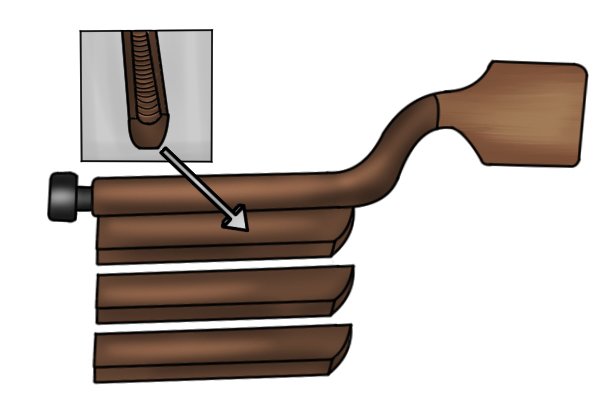Image of an adjustable fret end file along with the three different sizes of file attachment that go with it: skinny, medium and large