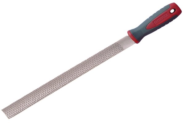 A rasp, which is designed to shape or smooth soft materials such as wood and plastic