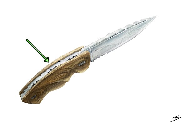 A knife with a vine pattern filed all the way along the back of the blade and along the tang