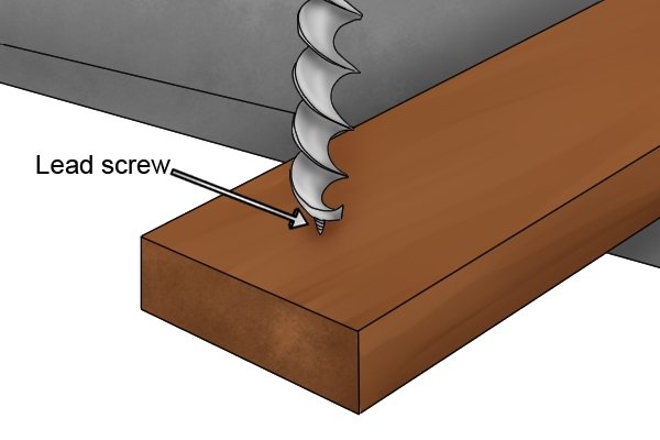 Image showing an auger bit lead screw engaging with a plank of wood