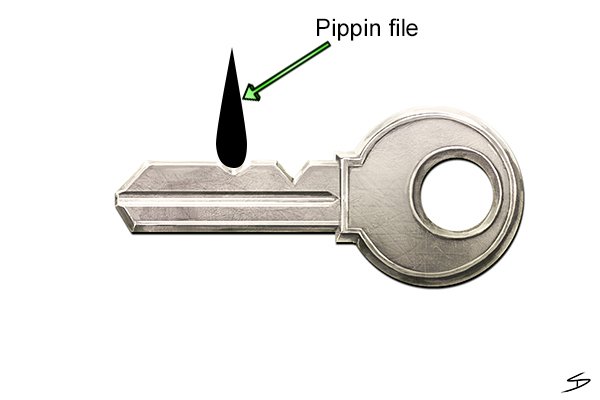 Diagram to show how a key can be cut using the round face of a pippin file