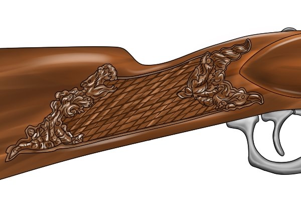 Image of an ornately decorated gun handle which features sculpted leaves as well as unusual patterns created with a chequering file