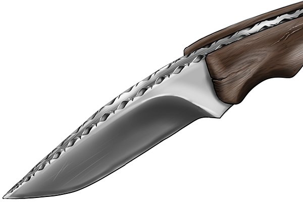 A knife with a vine pattern filed all the way along the back of the blade and along the tang
