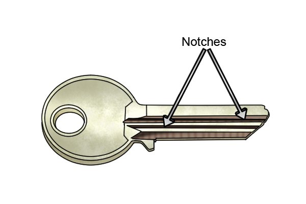 Diagram showing where the notches can be found in a key. These notches are filed using a warding file.