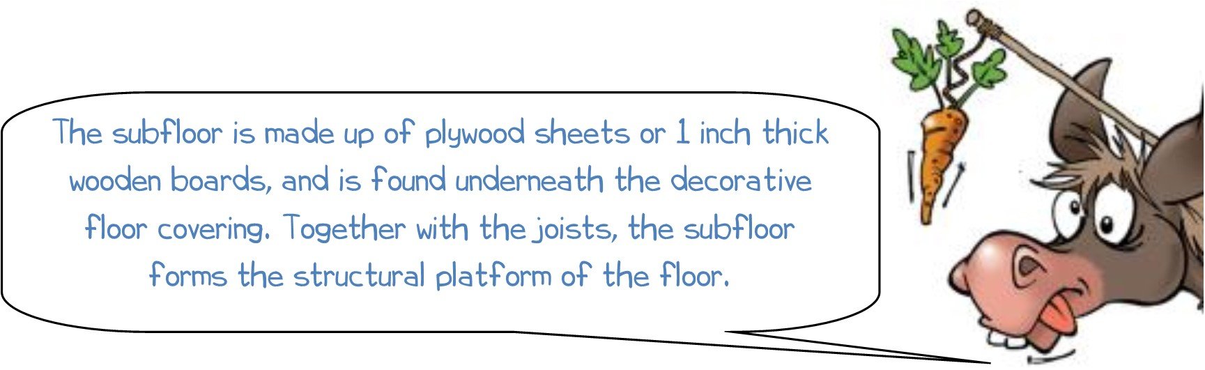 WONKEE DONKEE says: "The subfloor is made up of plywood sheets or 1 inch thick wooden boards, and is found underneath the decorative floor covering. Together with the joists, the subfloor forms the structural platform of the floor."