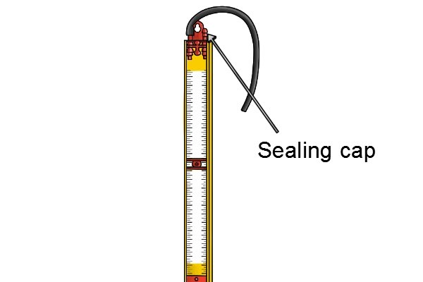 After using your gas test gauge, make sure that the sealing caps are tightly screwed onto the top of each leg of the u-tube so that the fluid inside the tube does not leak.