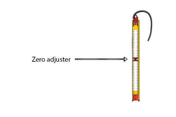 To zero your gauge, move the scale using the zero adjuster until the fluid levels are aligned with the 0 mark. 