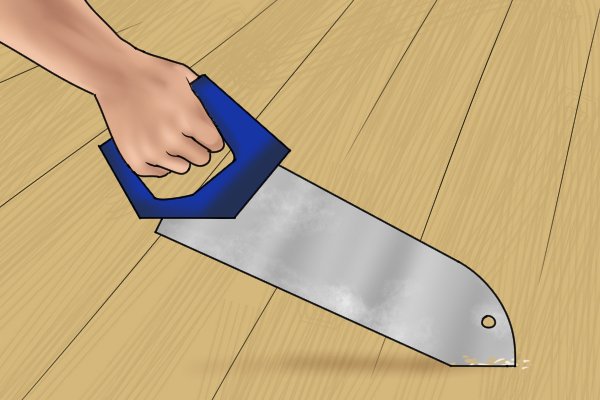 Grip the handle of the floorboard saw in  your dominant hand and extend your index finger along the handle so that it points  towards the end of the blade