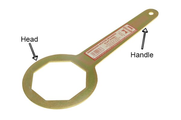 Labelled diagram of the different parts of an immersion heater spanner