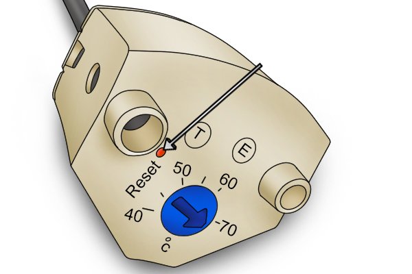 Image showing where the reset for the limit thermostat is on an immersion heater element thermostat component