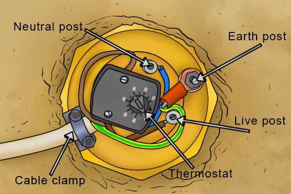 Labelled diagram of the inside of an immersion heater element showing the location of the live, neutral and earth posts and thermostat