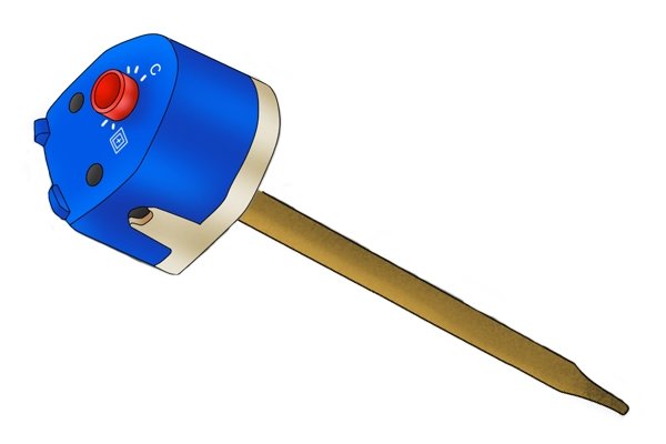 Image of immersion heater element thermostat showing both the part that extends into the tank and the part that is visible under the case 