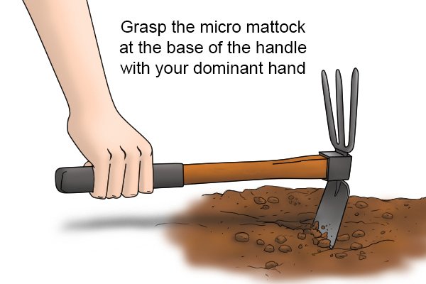How to hold a micro mattock, Grasp the micro mattock at the base of the handle with your dominant hand