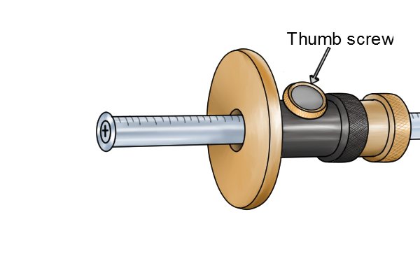Parts of a wheel gauge; thumb screw, used to tighten the fence and hold it place when it is at the correct measurement.