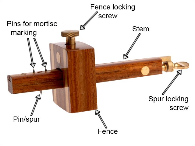 Parts of a mortise and combination gauge; pins for marking mortises, fence, stem, fence locking screw, spur locking screw, marking pin.