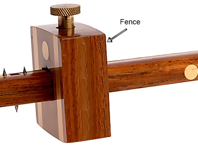 Parts of a mortise marking gauge; Fence, used to hold a measurement and butt up against the edge of a work piece.