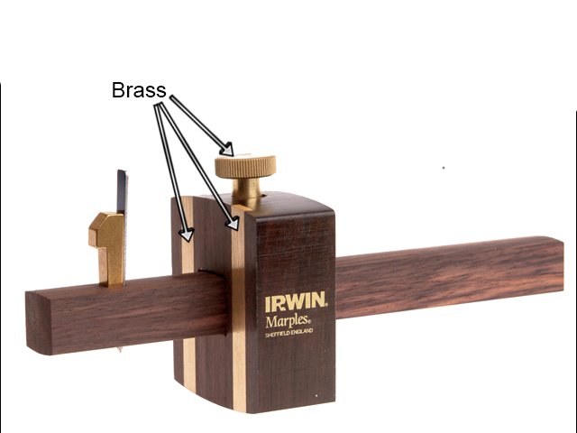 Brass fittings on a marking gauge, non marring panels on fence and brass thumb screw