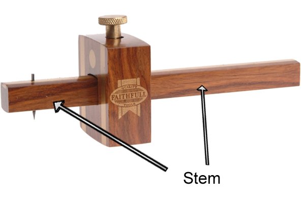 Parts of a marking gauge; stem, the main body of a marking gauge where the spur and fence are attached