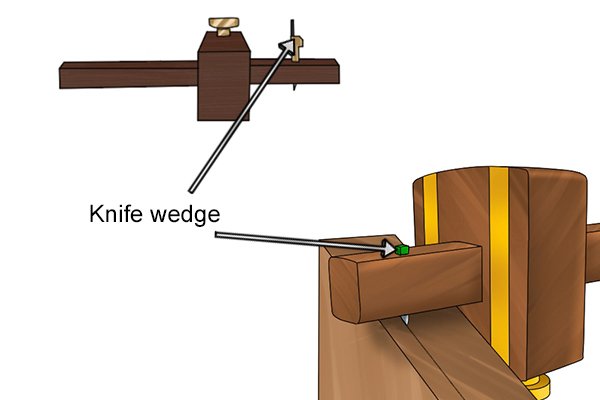 Parts of a cutting gauge; knife wedge, sits between the knife and the stem. holding in position