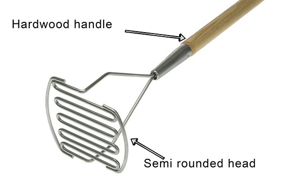 The first type of manual mixing paddle is a semi-round head mud masher. Most common mud mashers found will have a hardwood handle. This type of paddle is suitable for mixing joint compound and plaster by hand. 
