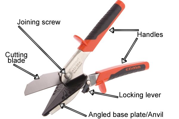 Mitre shears consist of a cutting blade which moves against an angled base plate, the shears are joined by a screw on the pivot point and they will usually have soft grip handles for ease of use. Wonkee donkee tools