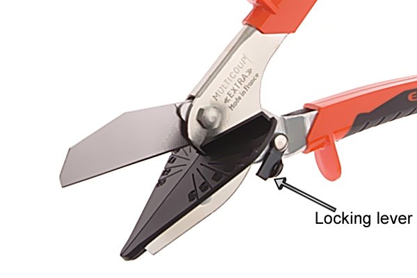 The locking lever can be used for safety to lock the blades when the mitre shears are not being used 