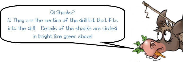 Q) Shanks? A) They are the section of the drill bit that fits into the drill—Details of the shanks are circled in bright lime green above!