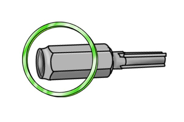 Here the shank of the mortar rake has a male external thread and so screws into an adaptor that has a female internal thread, the adaptor has the same cylindrical internal thread as the first type of shank shown on this page and therefore screws onto the spindle of an angle grinder. 