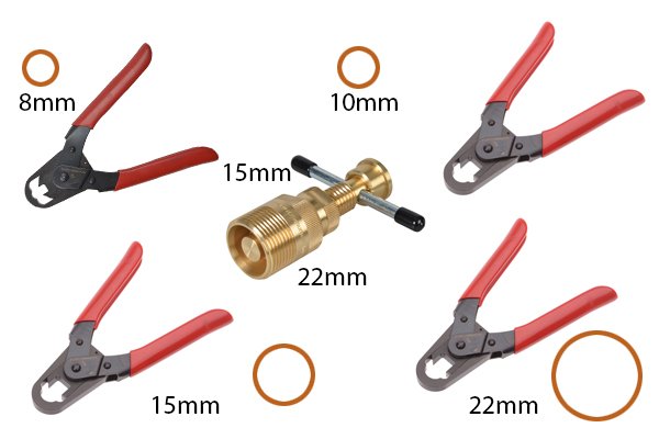 olive removers of various sizes, copper piping, plumbing tools, olive cutters, olive removers, 15mm 22mm
