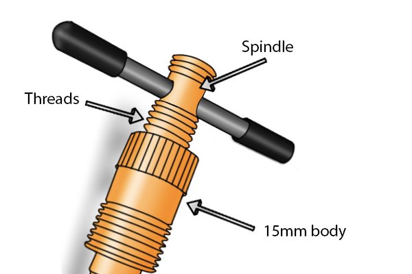 spindle, insert spindle into 15mm body, olive puller, copper pipe, plumbing tool