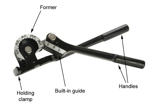 Parts of a mini pipe bender; former, handles, built in guide, holding clamp