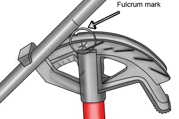 Conduit pipe bender with labelled fulcrum marking which is where the centre of the pipe is lined up to before making a bend