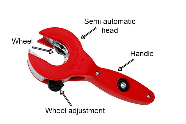Parts of a ratchet pipe cutter; handle, wheel, wheel adjustment & semi automatic head