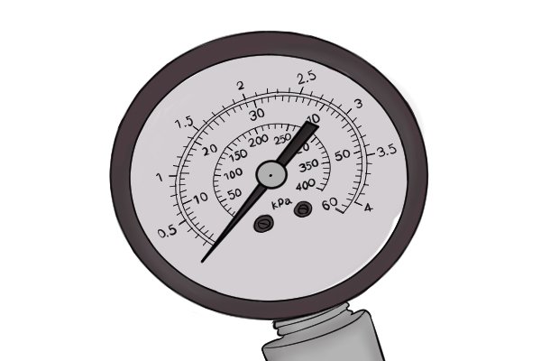 This is a testing gauge with an easy to read triple scale with values shown on bar, psi and kPa scales. 
