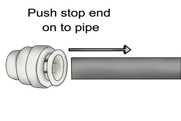 The stop end will mount the open end of the pipe. This will then be pushed against the pipe to lock in place.