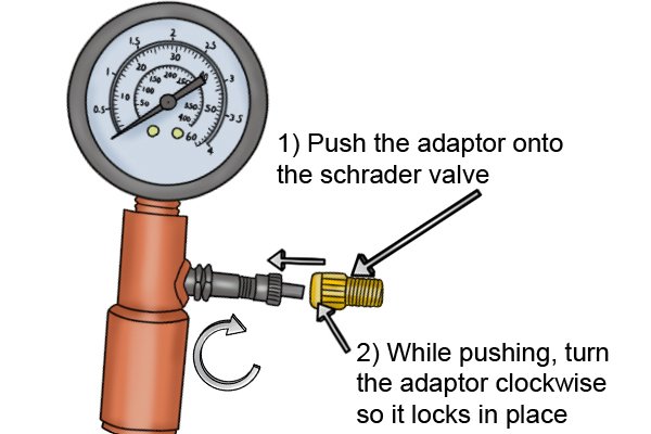 Place the pump's adaptor onto the end of the schrader valve by pushing and screwing the adaptor clockwise onto the valve. Push and screw the adaptor clockwise to fit onto the schrader valve. Screw the adaptor until it is hand tight.
