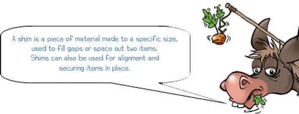 Wonkee Donkee says: 'A shim is a piece of material made to a specific size, used to fill gaps or space out two items. Shims can also be used for alignment and securing items in place.'