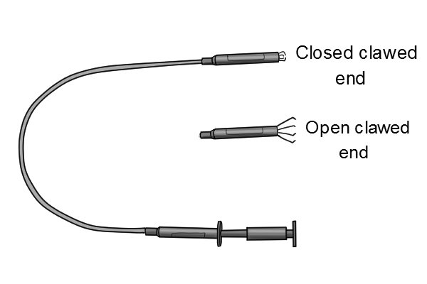 Clawed pick up tool. Labelled; open and closed clawed end