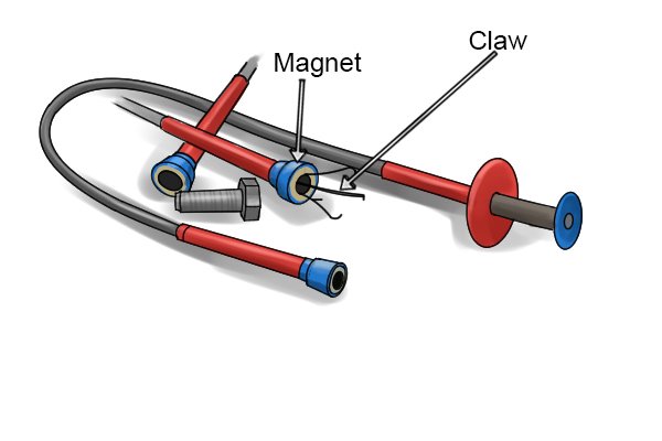 Magnetic and claw pick up tool, labelled; magnet and claw