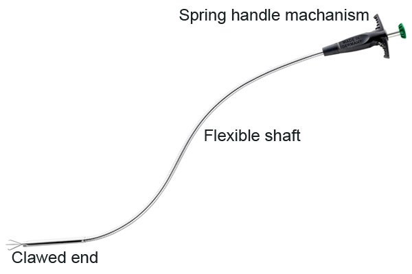 Parts of a clawed pick up tool; spring handle mechanism, flexible shaft, clawed end