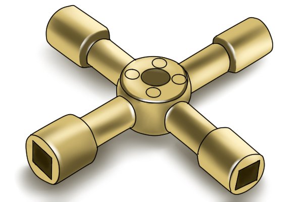 Brass four-way multi-purpose radiator key