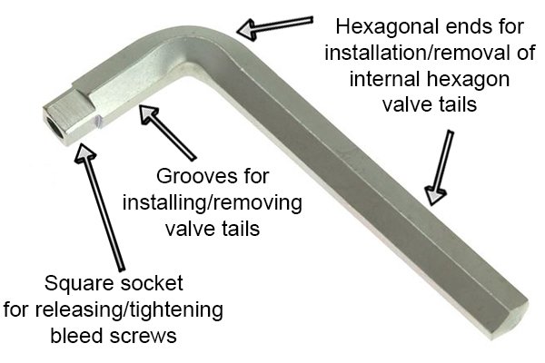 Parts of a radiator spanner and air release key
