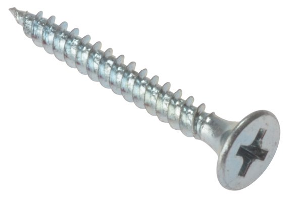 Silver drywall screw with a phillips drive