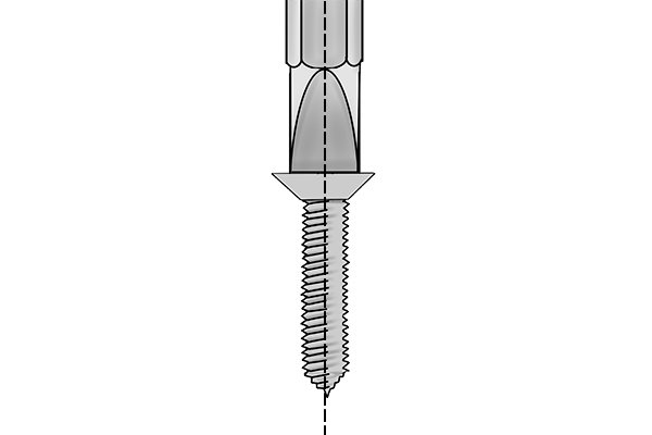 Screw driver bit positioned centrally in the drive of a screw