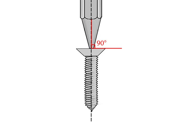 Screwdriver bit at a 90 degree angle to a screw head